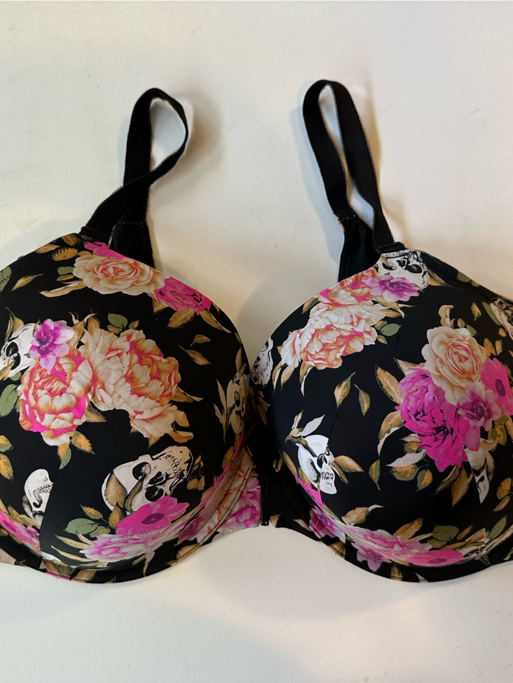 Floral Print Padded T-Shirt Bra - Black with Pink & Cream Flowers